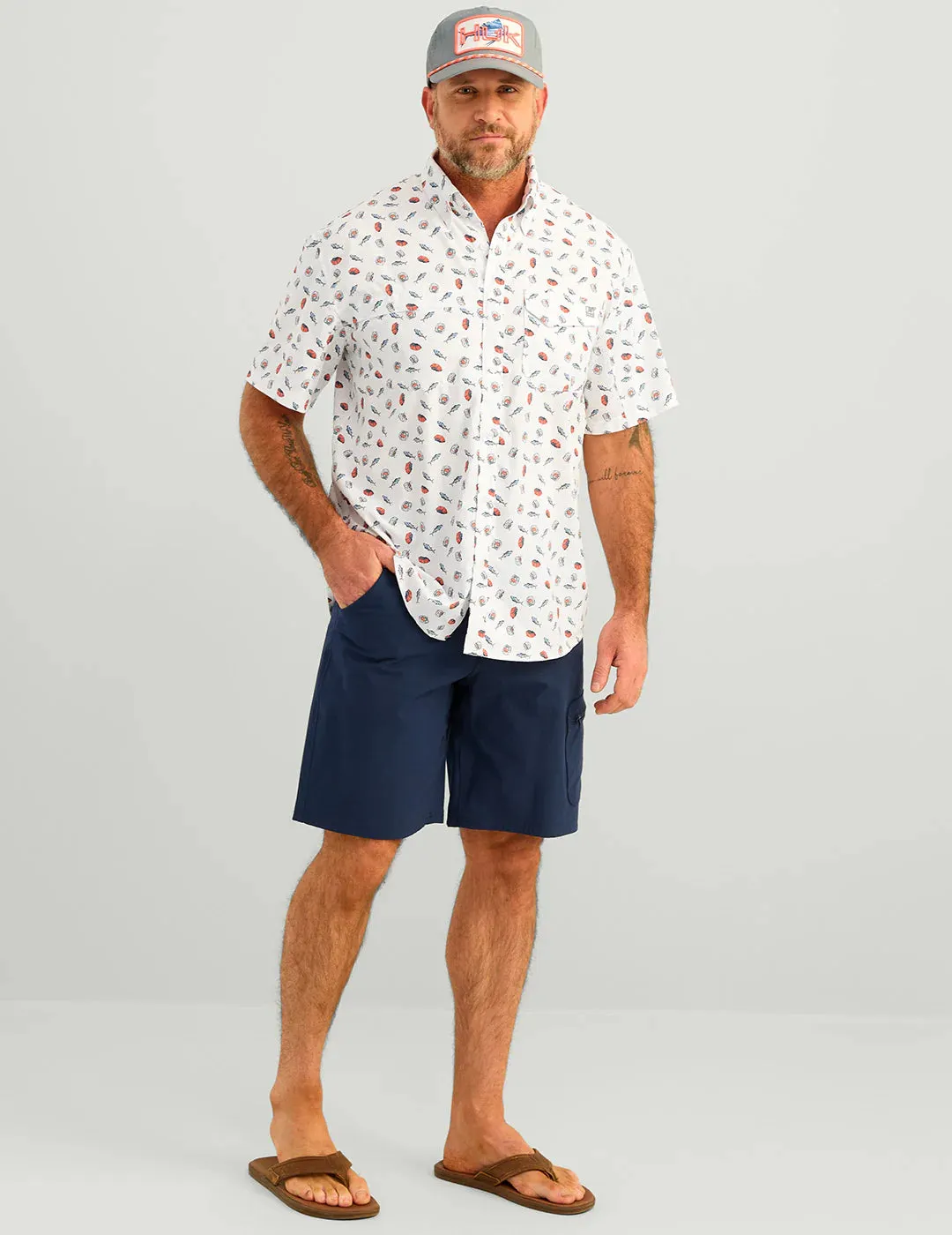 Huk Tide Point Printed Short Sleeve Sport Shirt - White